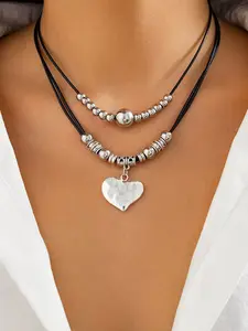 2-piece punk-style love pendant multi-layer necklace, double-layer beaded leather cord, punk-style jewelry, retro-style unisex necklace, Heart Design Necklace