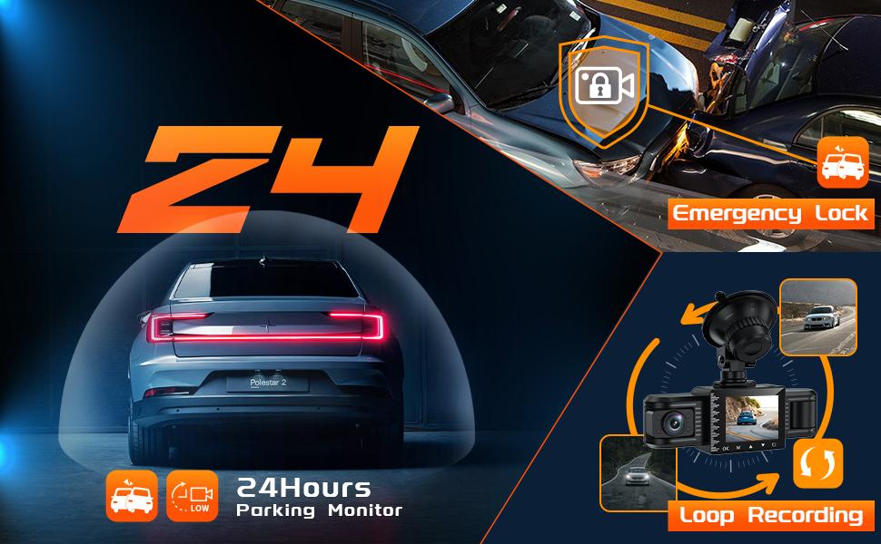 iiwey T1-pro Dash Cam Front and Rear Inside 3 Channel 1080P, Adjustable Lens Dash Camera for Cars with 8 IR Lamps Night Vision, Three Ways Triple Car Camera, Loop Recording, G-Sensor, Parking Monitor