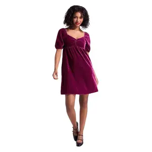ModCloth Who's My Sweetheart? Babydoll Dress Short Sleeve, Empire Waist - Plum Velvet (XS-4X) womens cute plus size elegant outfits graduation