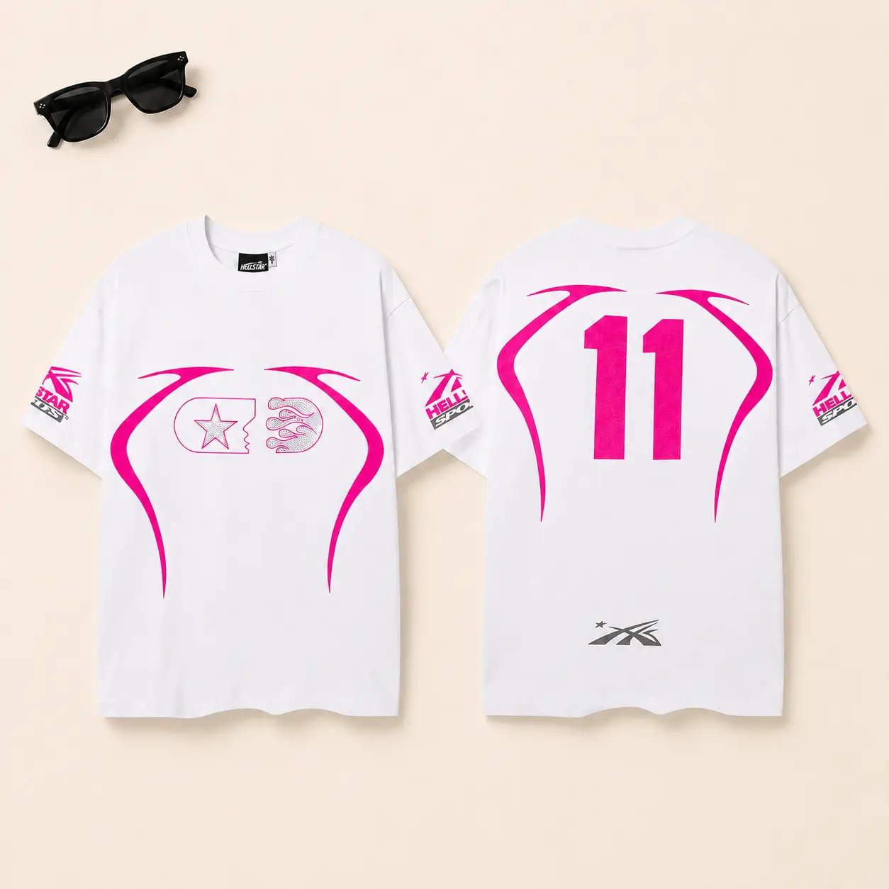 Unisex Hell Star Number 11 Graphic Crew Neck Jersey - Casual, Pull On, Relaxed Oversized Loose-Fitting Y2K Blokecore Streetwear Tee, White/Pink Short Sleeve Women's Racingcore Summer Sports Top (TikTok Viral)