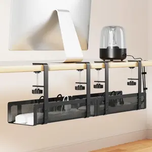 [Upgraded] 2 Pack  Management Under Desk Tray,  27.6" No Drill Open Slots  Management Tray, Cord Wire Organizer Box with Clamp for Table Thickness up to 3" - No Desk (Black)