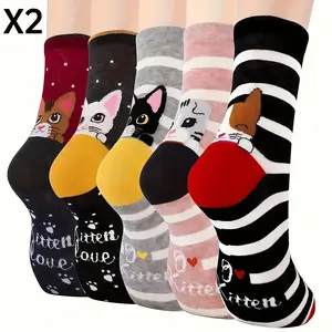 Harkapy 10-Pair Pack, Women's Crew Socks,Cute Cat Print, Polyester-Spandex Blend, Soft Comfortable Casual Sports Socks