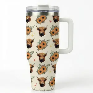 Highland Cow 40oz Tumbler with Handle and Straw, Cute Western Sunflower Farmhouse Design, Mother's Day Gift for Cow Lovers & Mom, Insulated Stainless Steel Travel Mug