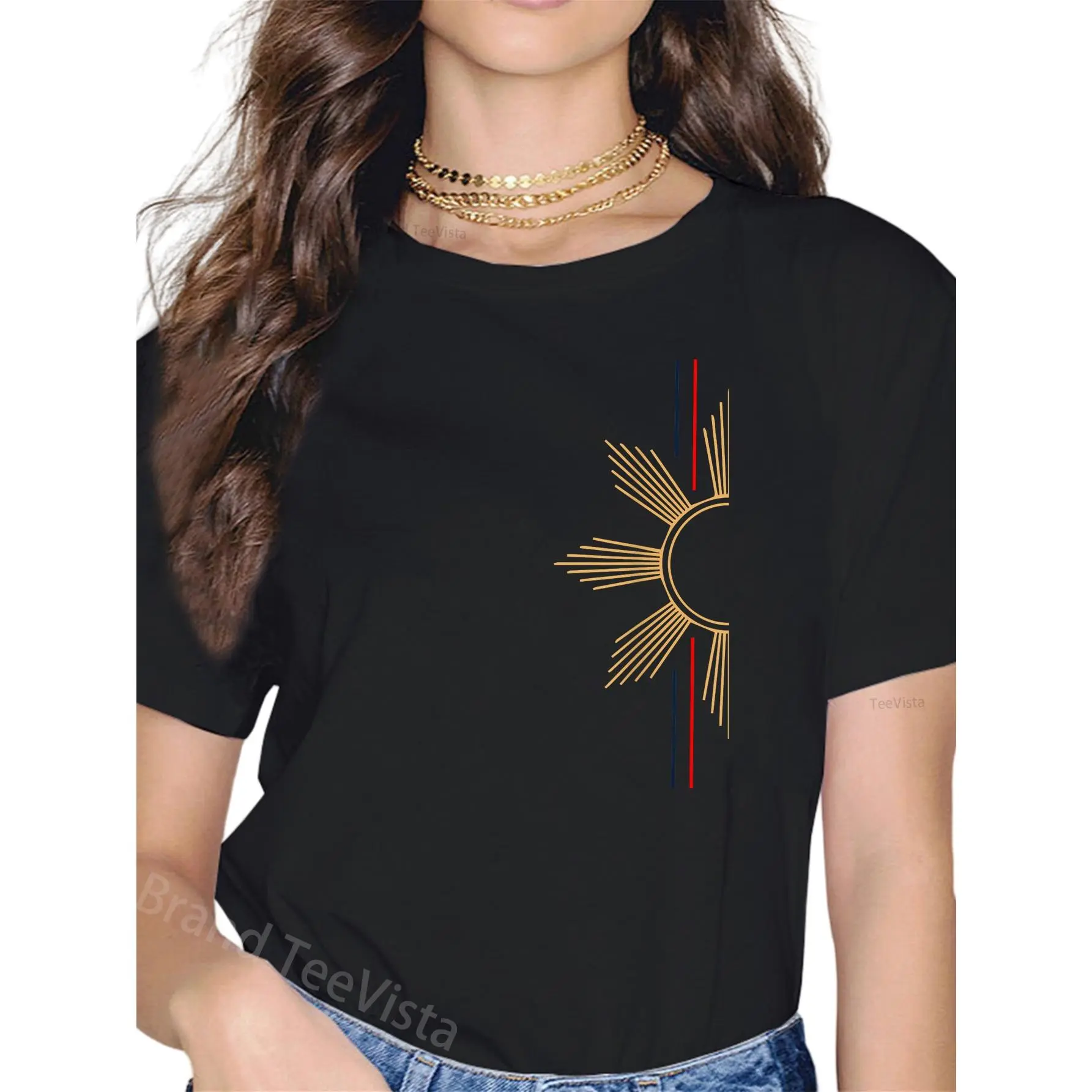 Minimalist Graphic T-Shirt with Filipino Sun, Women's Casual Short Sleeve 100% Cotton Round Neck Top for Everyday Wear, Shortsleeve, Tshirt