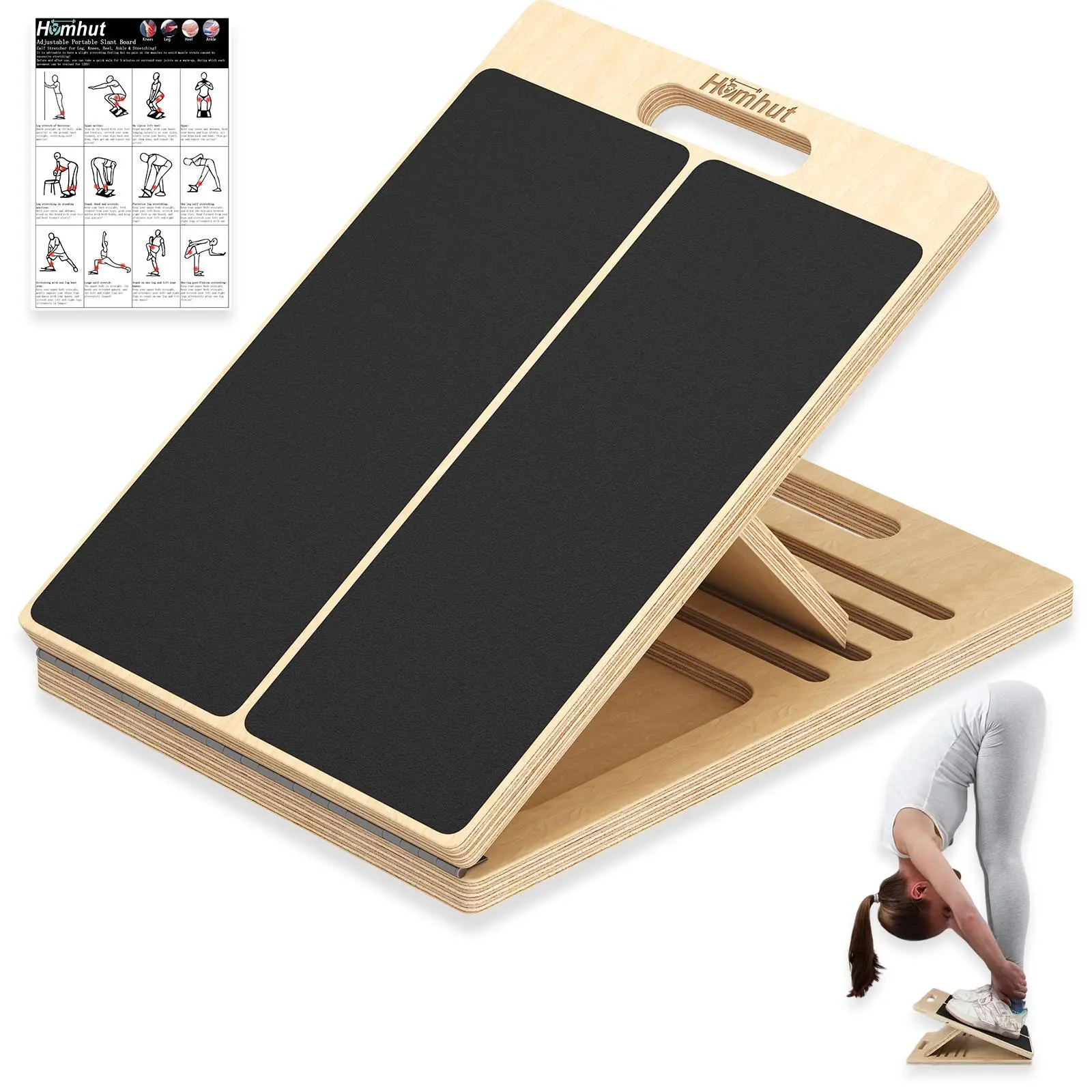 Portable Wooden Incline Board for Squats & Calf Stretch, Leg Stretcher Physical Therapy Tool, Multi-angle Slant Board for Heel Ankle Knee Foot Leg, Contains Ankle Brace and User Manual