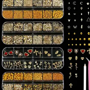 8 Boxes Nail Charms Set- 3D Gold Nail Charms with Gold Nail Gems and Nail Rhinestoness, Nail Pearls Caviar Beads for Nail Design, Gold Charms for Nails, Include Tweezer & Wax Pencil Nail Art Tools kit
