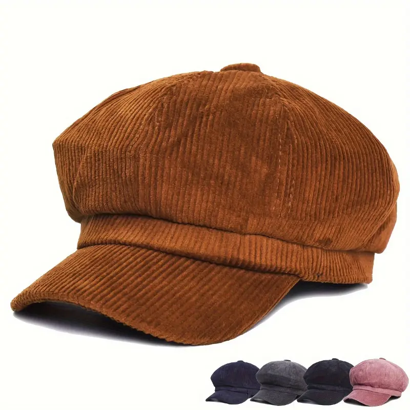 Newsboy Cap for Women in Coffee Brown Corduroy, Vintage Octagonal Beret, Foldable for Casual Autumn Winter Wear, Casual Wear, Octagonal Shape