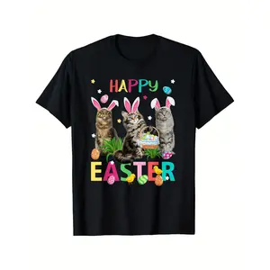 Happy Easter T-Shirt for Men & Women - Cute Maine Coon Cats with Bunny Ears, Colorful "Happy Easter" Design, 100% Cotton, Regular Fit, All-Season Casual Wear, Ideal for Outdoor Activities, Outdoor Tshirt | Playful Design Tee | Vibrant Print, Cat T Shirt