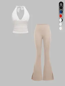 Two-Piece Set Women's Solid Ribbed Crop Sleeveless Tank Top & Flare Leg Pants, Casual Fashion Comfy for Daily Outdoor Wear, Ladies Clothes for Summer, Suits, Basic