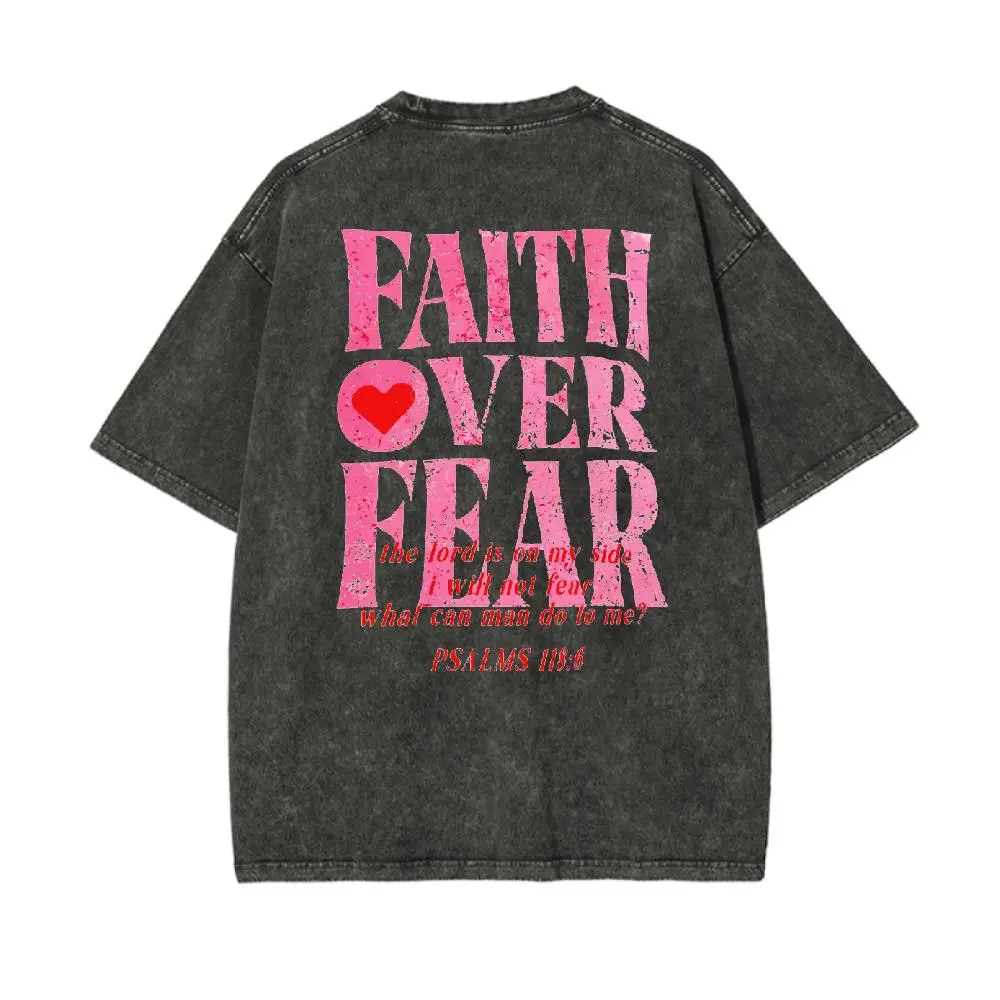 Women's Faith Over Fear Unisex Washed Round Neck Shortleeve T-Shirt, Breathable Lightweight Fabric