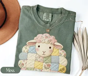 Comfort Colors Charming Faux Patchwork Sheep T-Shirt, Quilted Farm Animal Tee, Cute Lamb Shirt, Rustic Cottagecore Aesthetic Apparel, Unique Spring Gift, Printed Shirt