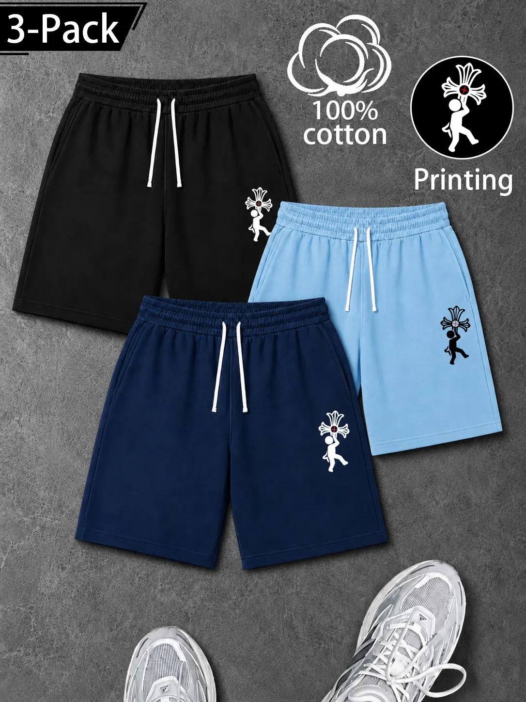 Men's 100% Cotton Criss Cross Graphic Half-Length Shorts - 1/2/3 Pack, Lightweight Drawstring Elastic Waist, Athletic Sporty Chic Street Wear, for Summer Fitness, Running Cycling, Outdoor/Indoor Active Use
