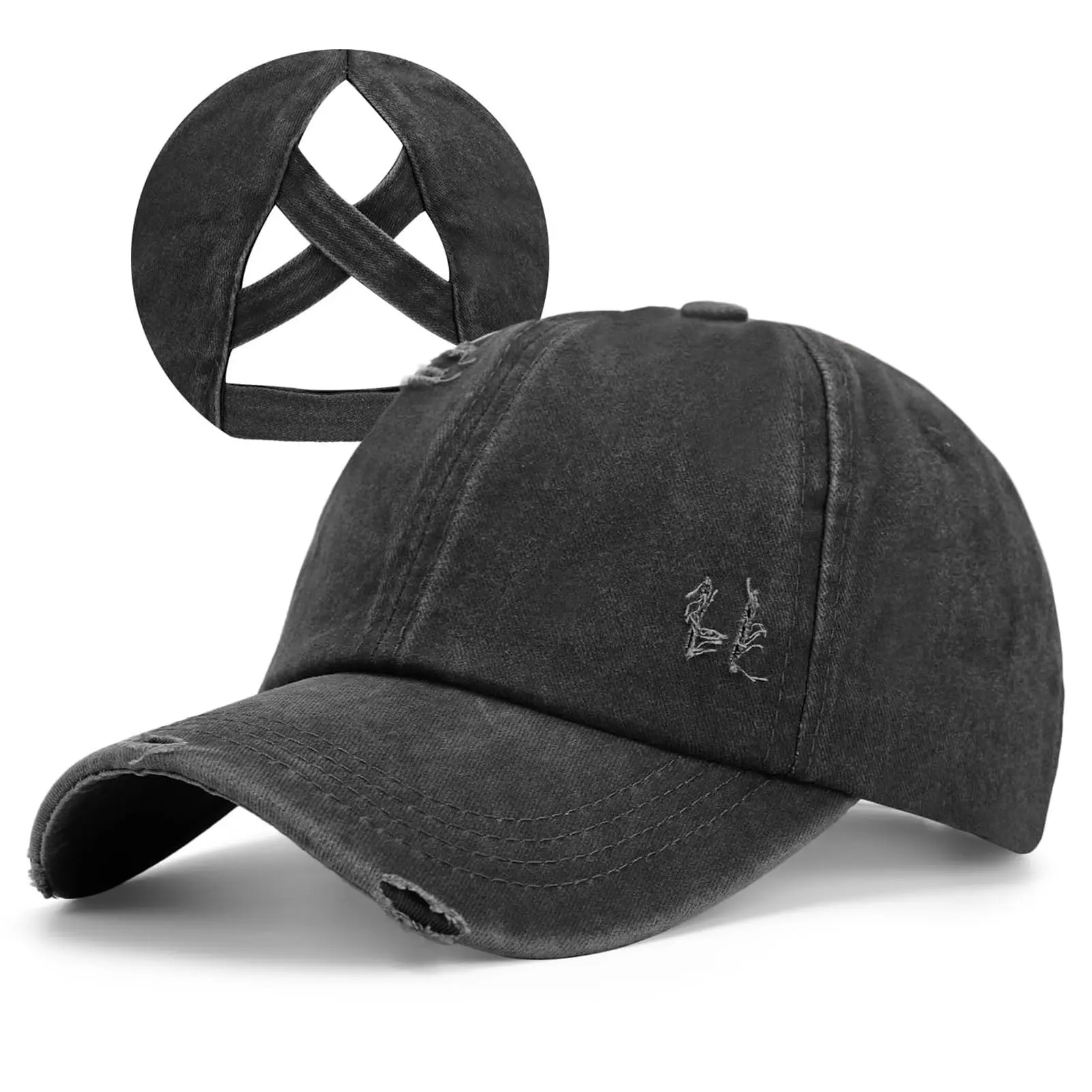 Women Criss Cross Ponytail Hat Women Washed Distressed Baseball Caps Adjustable High Messy Bun Ponycap