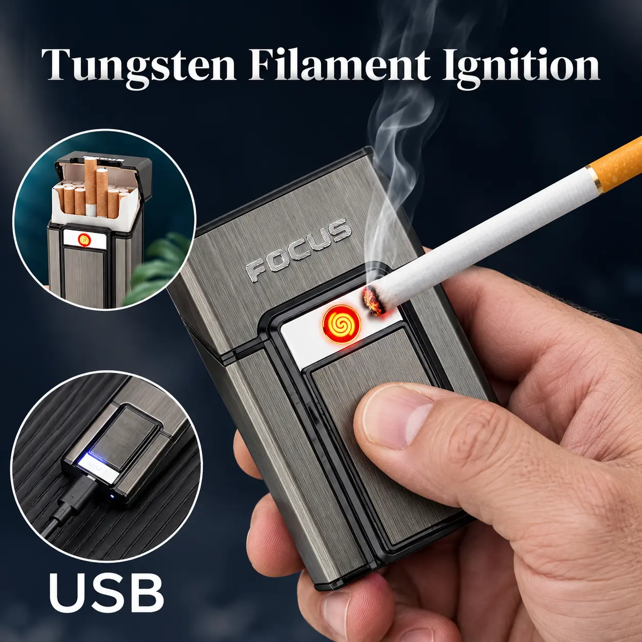 Aluminum Alloy Lighter, Built-In USB Rechargeable Electronic Lighter, Standard Ejection Box Holder, Flameless Windproof Lighter, Battery Not Included