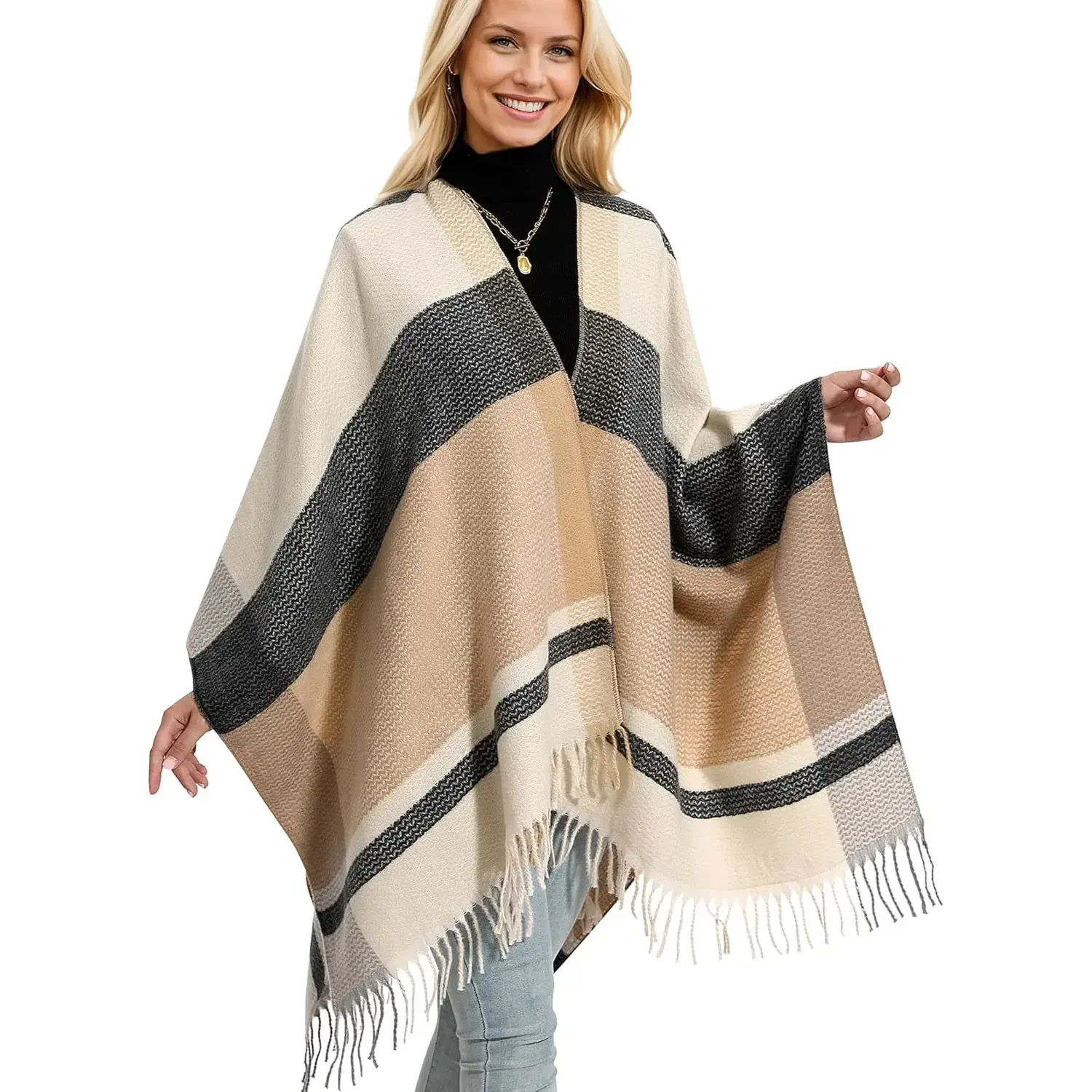 Women's Winter Tasseled Poncho Shawl Wrap - Warm Open Front Top Ruana Cape, 59 in 1 Size Fits All, Thanksgiving Christmas Gift for Women Aunts, One Size Fits All