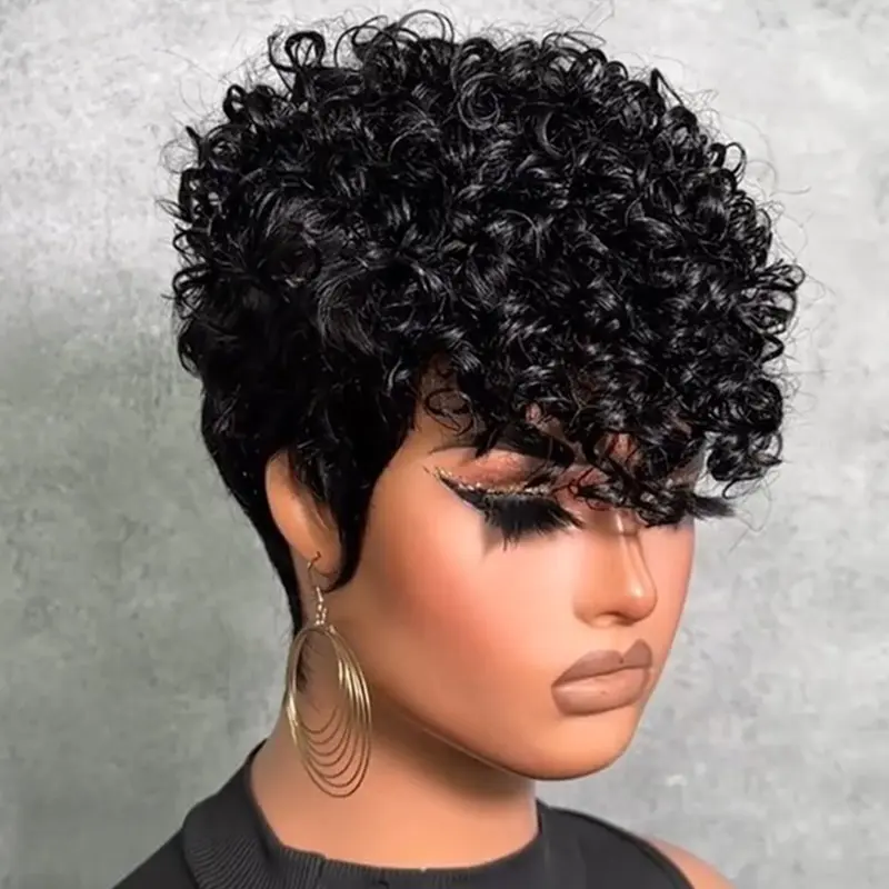 ShowRealHair 0530 Short Pixie Cut Human Hair Wig For Black Women, Top Kinky Curly Back Finger Wave Glueless Short Wig Natural Black Daily Hairstyle