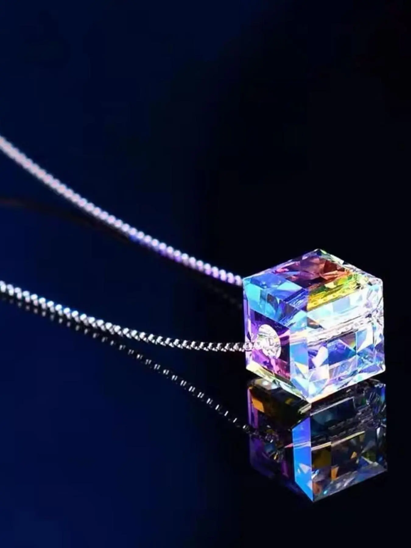 Women's Crystal Pendant Necklace, Exquisite Trendy Pendant, Colorful Cube Bead Design, Silver Color Chain, Perfect for Weddings & Gifts, Square Shaped Pendant, Crystal Jewelry