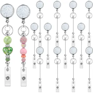 12 Pack Glitter Sparkle Beadable Badge Holder Retractable with Metal Blank Bar for Beads DIY ID Name Badge Reel Key Ring Clips Holder
