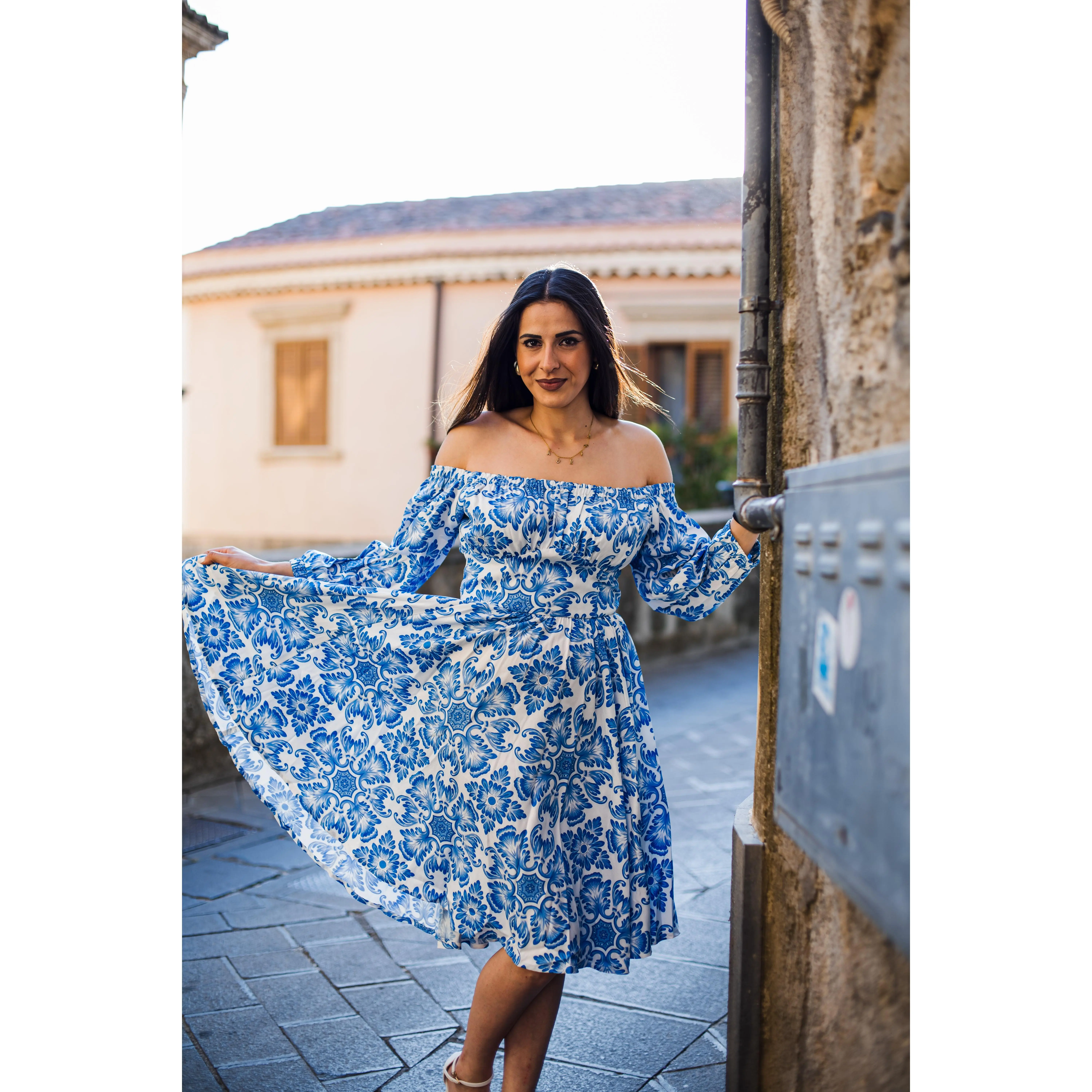 Marie-Therese Peasant Dress in Blue Noto Tile