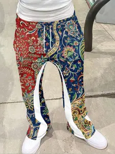 Men's Y2K Flare Pants New Vintage Colorblock Geometric Cloud Print, Loose Fit 3D Printed Casual Sporty Long Pants, Streetwear Hip Hop Retro Style Flared