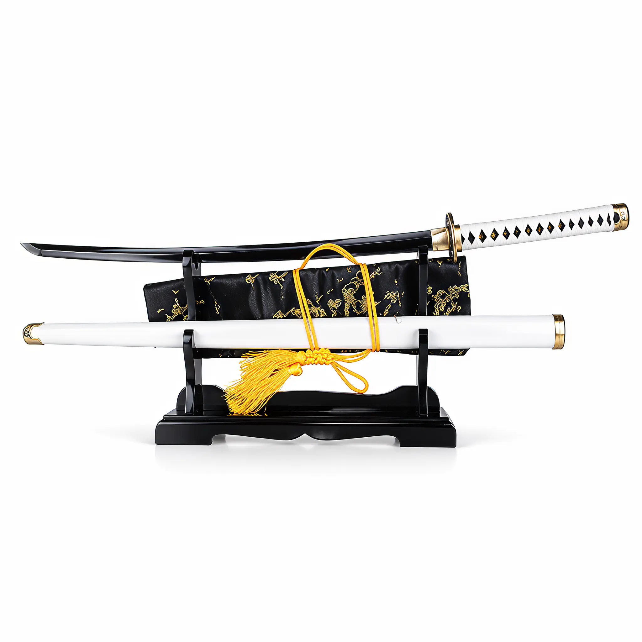 40.6'' Three-Sword Style Master Inspired Katana Set - Premium Alloy Decorative Blunt Swords for Pirate Hunter Cosplay, Electroplated Gold Tsuba White & Black Blade Props