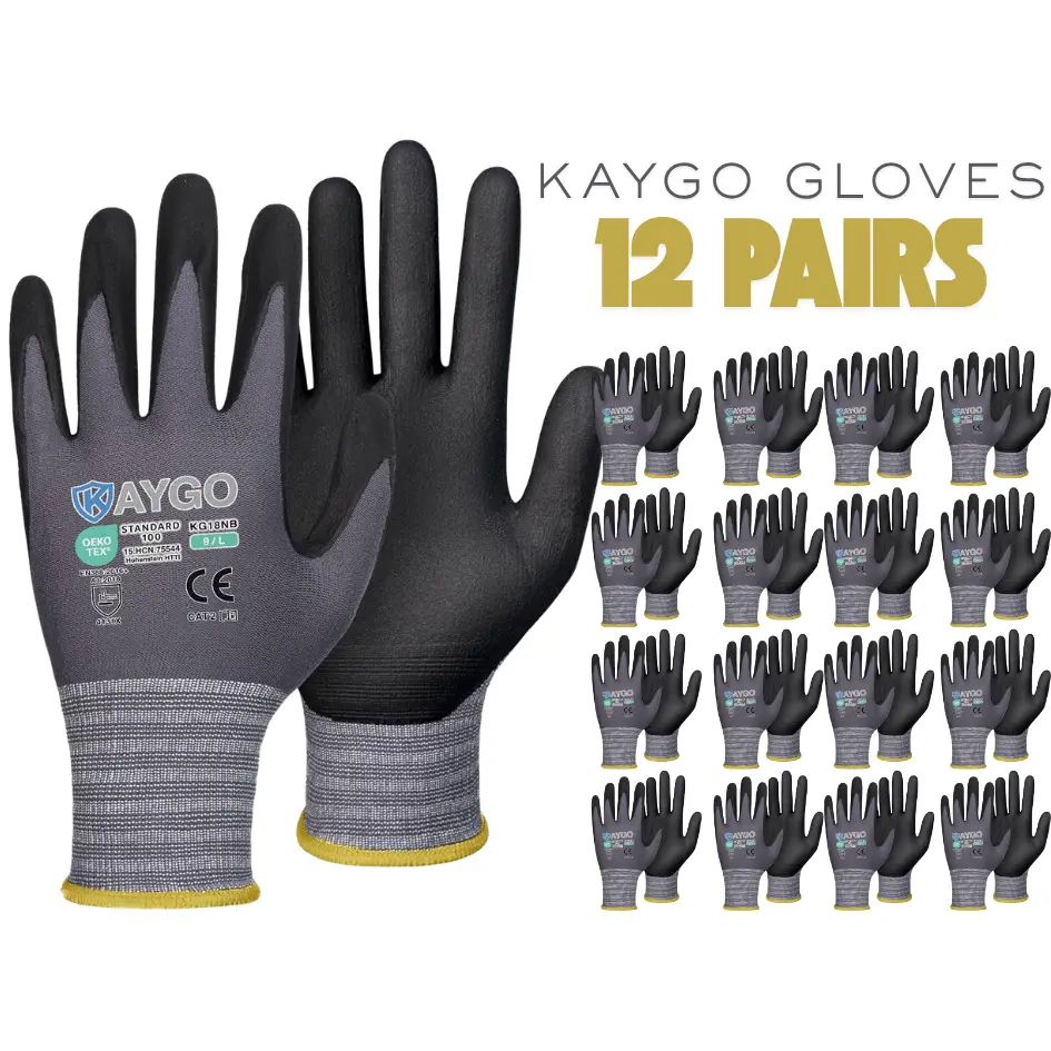 12 Pairs KAYGO KG11PB PU-Coated Safety Work Gloves - CE EN388 Certified, Work Gloves Grip, DIY Projects, Ceiling Grip Design, Polyurethane Coated, Warehouse Workers