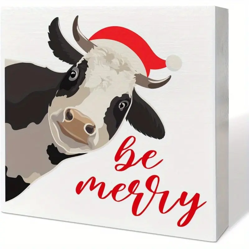 Christmas Table Wooden Box Sign, Be Merry, Holiday Table Decor Cow Xmas Tabletop Decorations for Home, Kitchen, Bedroom, Shelf, Office Desk 5x5 inch
