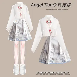 Popular and beautiful plus-size slimming short skirt set for women, featuring a modernized Chinese style shirt and a traditional Chinese horse-face skirt