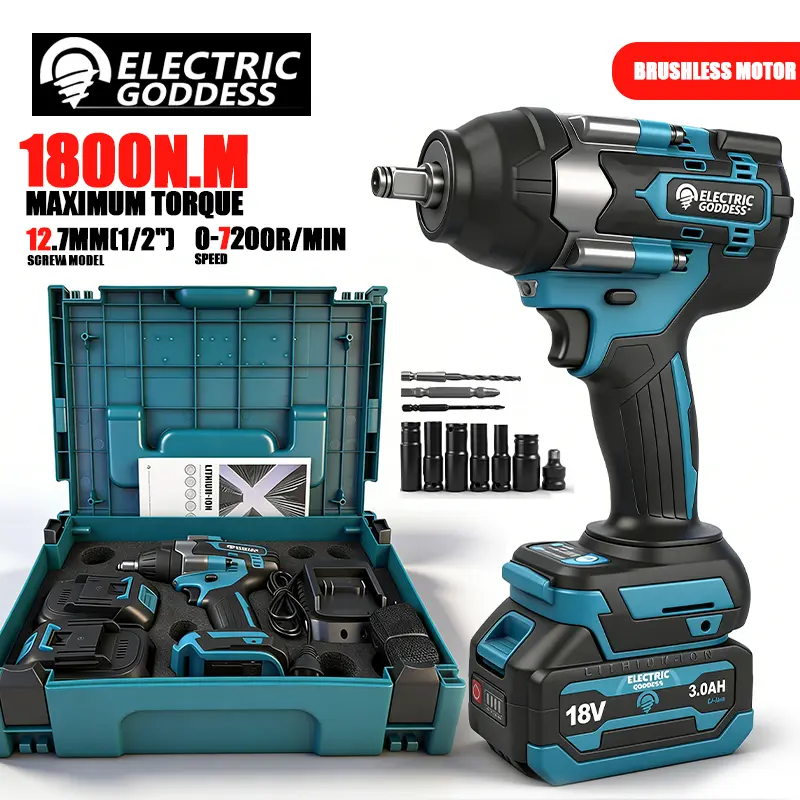 【DealsForYouDays】10.6inch Cordless Impact Wrench1800N.M Max Torque 2 Pack 3.0Ah 18V Battery  Quick Charger Brushless Motor  LED Work Light  Socket Kit & Tool Box  Heavy Duty Impact Gun for Car Tire, Auto Repair & Household Use rechargeable lithium