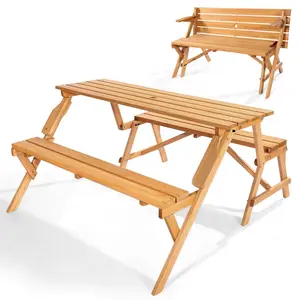 summervibes VEVOR 2-in-1 Transforming Interchangeable Picnic Table, Outdoor Wooden Table and Bench Set, Portable Foldable Bench with Umbrella Hole, Patio Dining Furniture for Garden, Backyard, Porch (Brown)