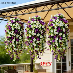 3pcs Artificial Purple and White Morning Glory Outdoor Hanging Vines, Realistic Plastic Material, Maintenance-Free Outdoor Hanging Fake Flower Vines, Suitable for Home, Weddings, Outdoor Garden Courtyards, Porch Eaves Decoration, and Holiday