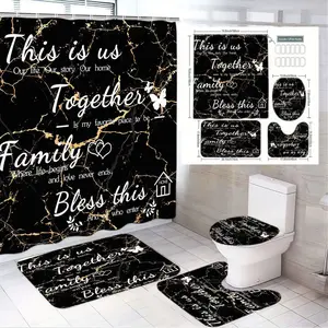 1/4pcs Black & Gold Marble Family Bathroom Set - Shower Curtain Sets, Rectangular/Oval Mats, Toilet Lid Cover with 'This is us' Family Quotes, Butterfly & Heart Decor - Perfect for Family Day, Mother's Day, Father's Day Home Decor