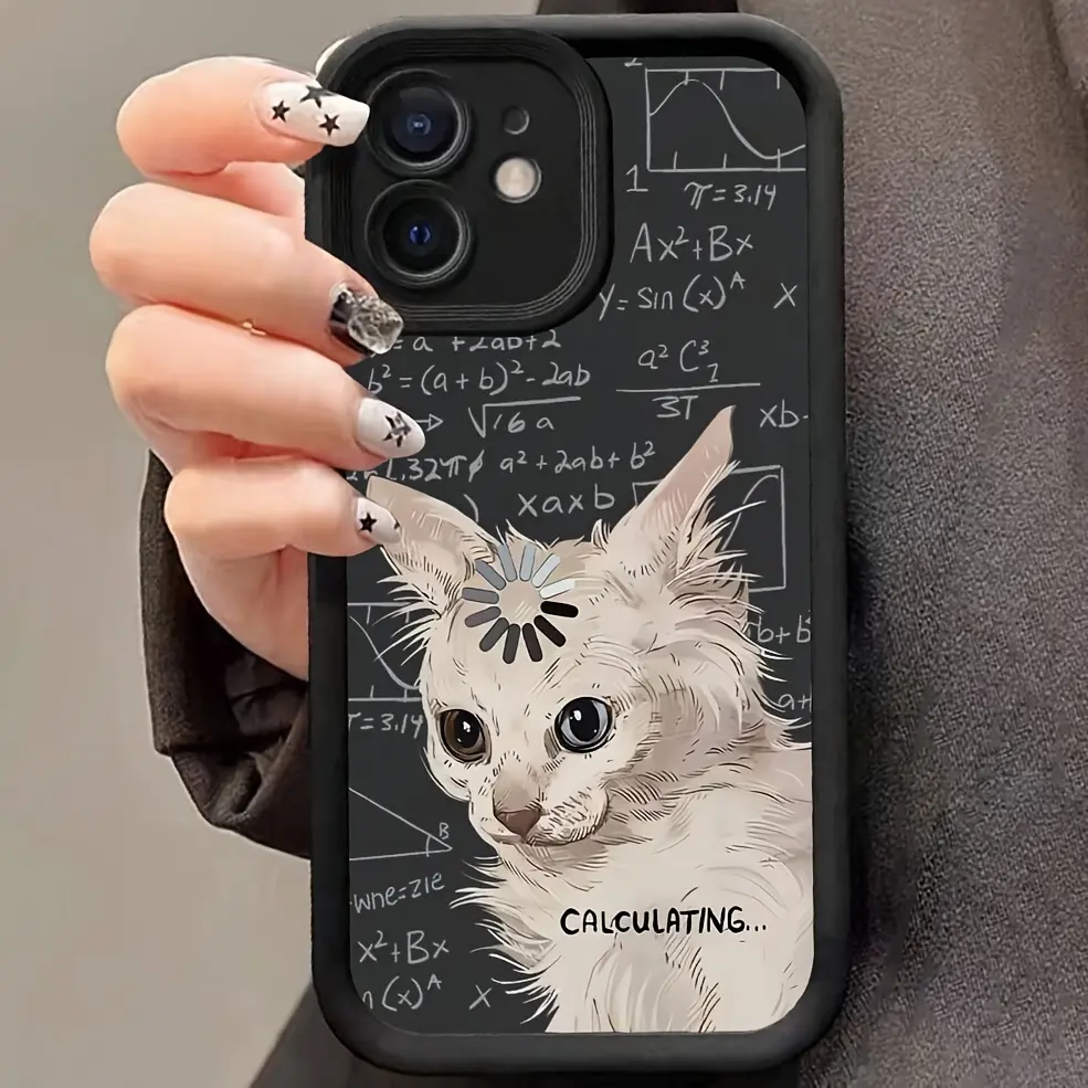 Calculating Loading White Cat Math Formula Matte High Bumper TPU Phone Case, Shockproof Lens Cover for iPhone 17 Air 17E 16 15 Plus 14 13 12 11 Pro Max