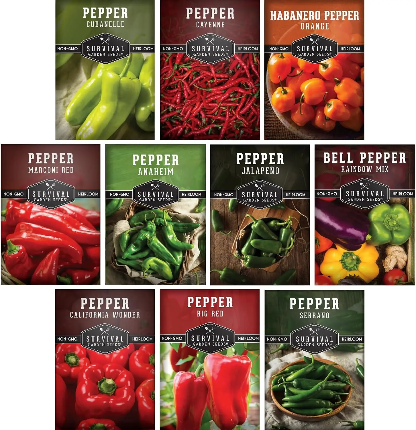 10 Pepper Seed Variety Pack for Planting, Heirloom Non-GMO Pepper Seeds Collection, Jalapeño, Serrano, Cayenne, Bell, Habanero, Cubanelle & More Hot and Sweet Pepper Varieties