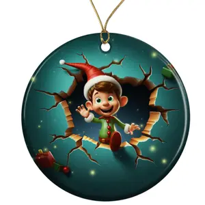 Cute Funny Elf Cartoon Ceramic Ornament - Breakthrough 3D Effect Burst Illusion Kids Ornament - 3 Inch Christmas Tree Round Ornament - Xmas Holiday Decor - String Included - ORNW0060