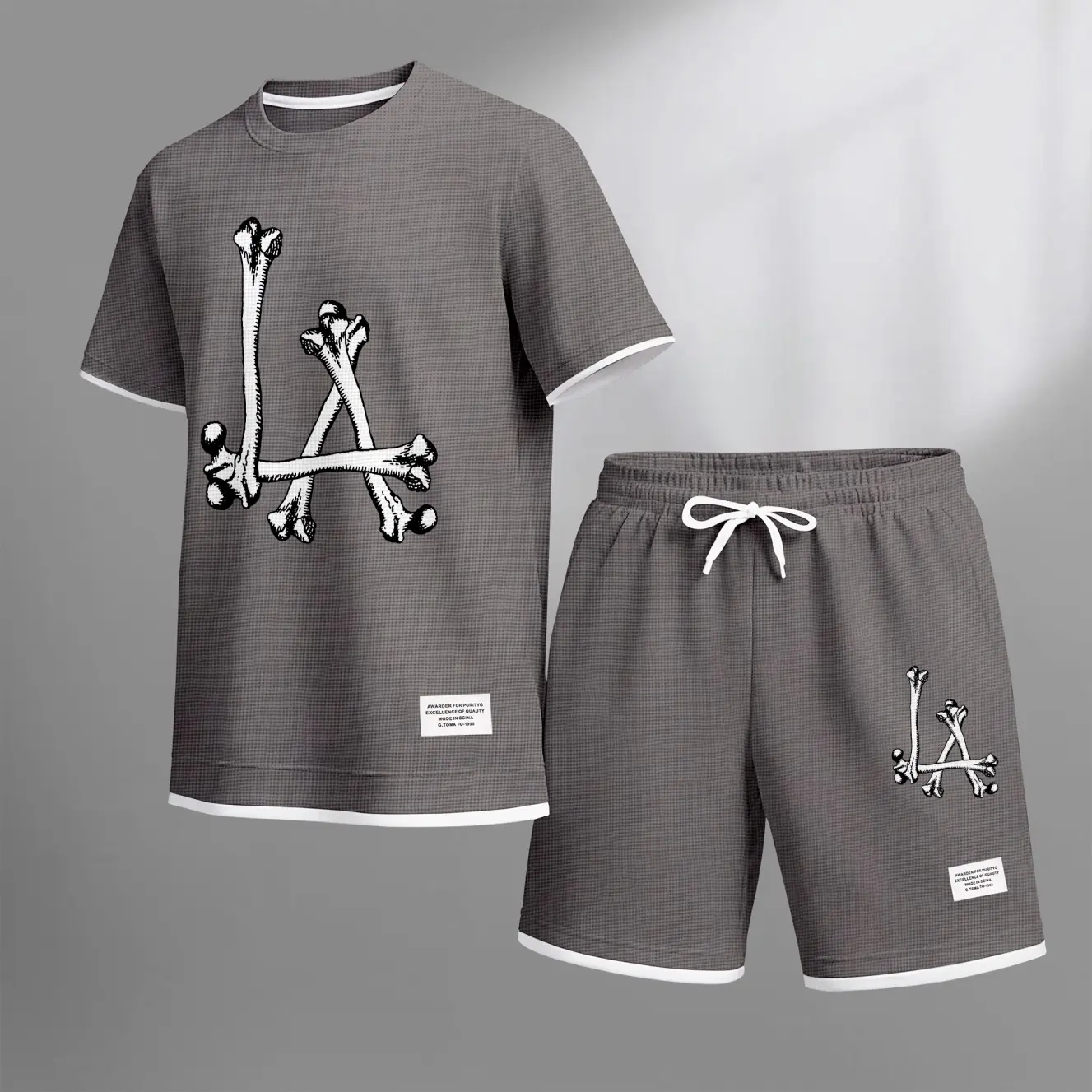 Men's Streetwear Skeleton Print Waffle Fabric Short-Sleeved Shirt And Shorts Set