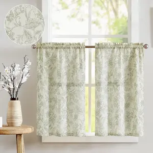 Floral Kitchen Curtains for Windows 24 Inch Linen Tier Farmhouse Cafe Curtains Country Botanic Small Window Rod Pocket Rustic Flax for Laundry Bathroom RV 2 Panels Sage Green on Beige