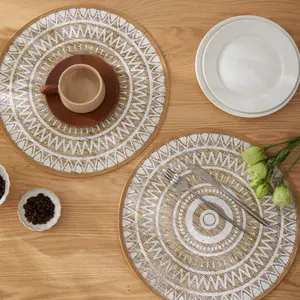 6pcs/set Bohemian Jute Placemats Set, Non-Slip Round Dining Table Mats, Coffee Table Mat for Kitchen, Wedding, Home Decor