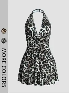 Leopard Print Sexy Statement Bodycon Dress, Tight-Fitting Halter Neck Mini Dress, Bold Animal Pattern, Perfect for Parties & Night Out