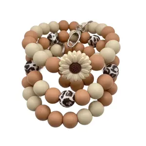 Handmade Silicone Beaded(15mm)Wristlet Keychain Camel & Beige