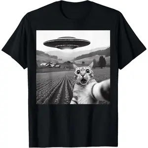 Cat Selfie With Alien UFO Funny Cat Gifts For Men Women Kid T-Shirt