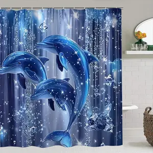 Blue Dolphin Pattern Shower Curtain Set, Waterproof Bathroom Curtains with Hooks, Includes Mat and Toilet Lid Cover, Home and Hotel Decor, Shower Essentials