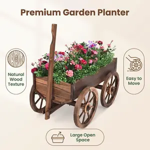 Vintage Wooden Wagon Planter with Wheels & Handle, Rustic 4-Wheel Flower Cart, Elevated Wood Planter Box for Outdoor Garden, Yard, Patio, Lawn Decoration, Durable Carbonized Wood, Perfect for Flowers, Herbs & Plants