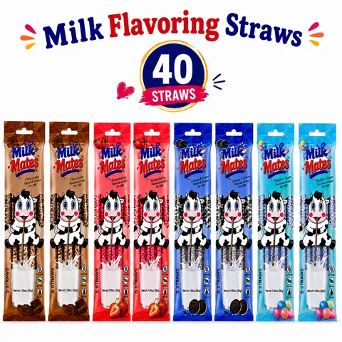 Milky Mates Milk Flavored Straws - Mildly Tasting, Childhood Favourite, 3 Assorted Flavors (Chocolate, Strawberry, Cookies & Cream, Bubblegum), 40 Straws, For 7 oz Milk Glasses, Kids' Lunchbox Treat, Natural Flavours, Sugar Added