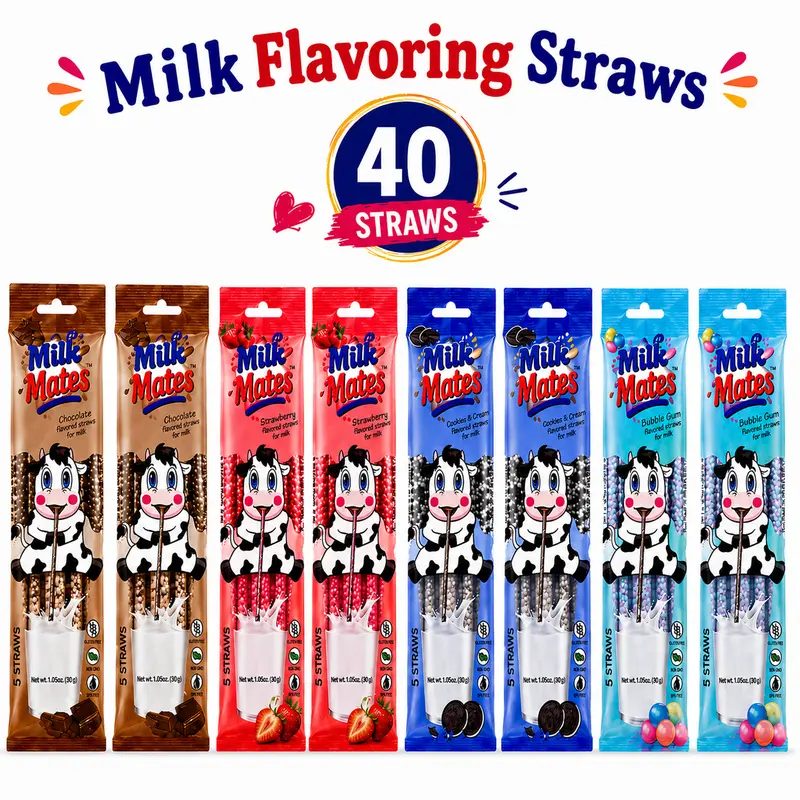 Milky Mates Milk-Flavored Straws - Fun New Generation, 40 Count Individual Straws, Assorted Sips (Chocolate, Strawberry, Cookies & Cream Sip, Bubblegum), Mild Taste, Natural Flavors, Sugar Added, For 7 oz Milk Glasses, Kids' Lunchbox Treat