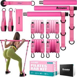 Ayombo Pilates Bar Kit with Resistance Bands, Pilates Workout Equipment for Legs, Hip, Waist, Arm, Squats Exercise Equipment for Home Workouts, Adjustable 3-Section Pilates Bar Kit for Women & Men Glute Workout Equipment