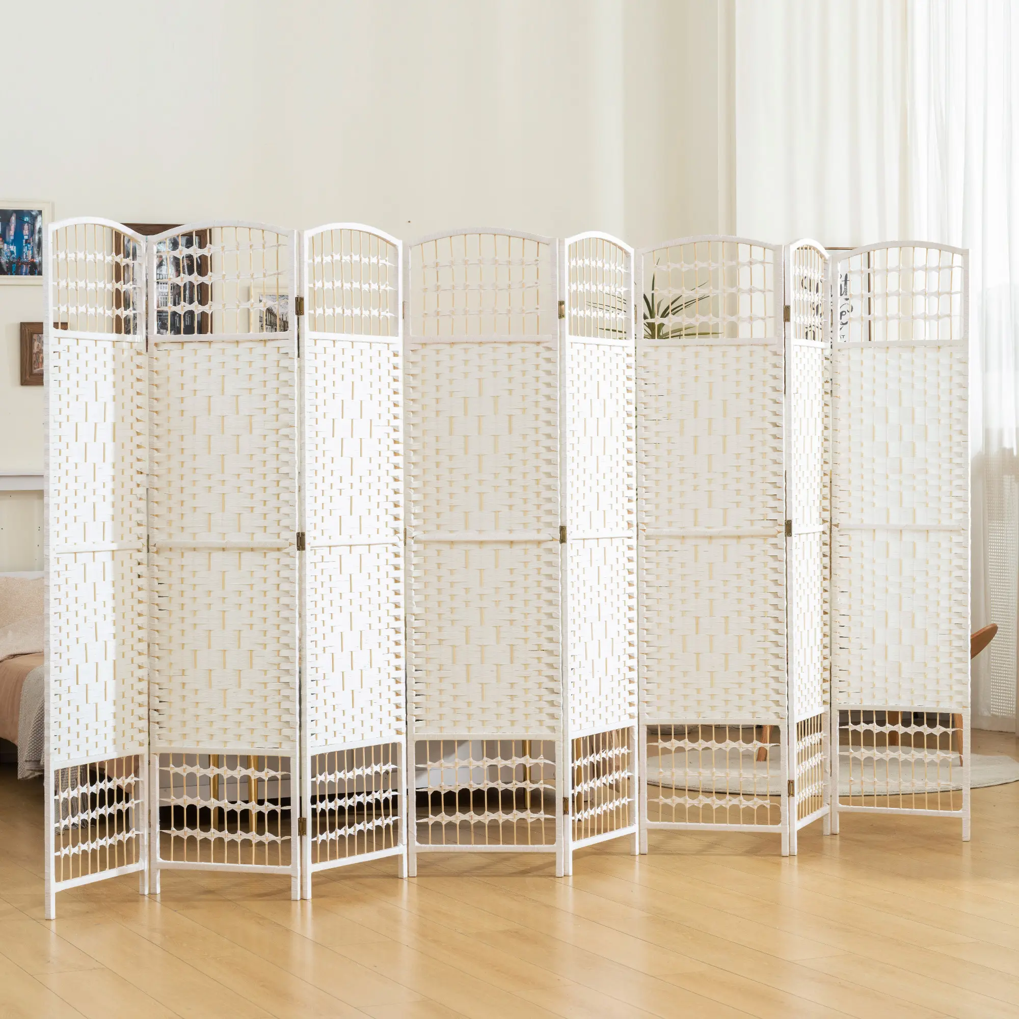 8-Panel White Wave Fiber Folding Room Divider, Portable Freestanding Privacy Screen for Home Office, Extra Wide Indoor Partition for Semi-Private Airy Spaces