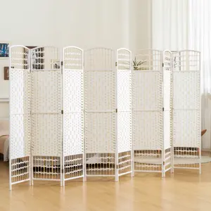 8-Panel White Wave Fiber Folding Room Divider, Portable Freestanding Privacy Screen for Home Office, Extra Wide Indoor Partition for Semi-Private Airy Spaces