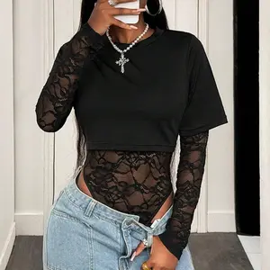 Women's Black Polyester Long-Sleeve Bodysuit Top - Fake 2-Piece Crop Style, Round Neck, Sheer Lace Detail, Medium Length, All-Season Clothes for Casual Elegant Nights Out & Dates