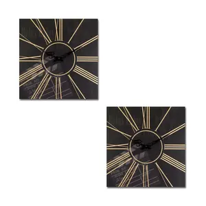 360 stand Wooden Analog Square Wall Clocks - Set of 2, Black & Gold Modern Cinema Theme, Moving Hands, Hanging Wall Mount Home Decor, Ideal Gift for Cinema Lovers & Home Supplies, Mdf, Wood